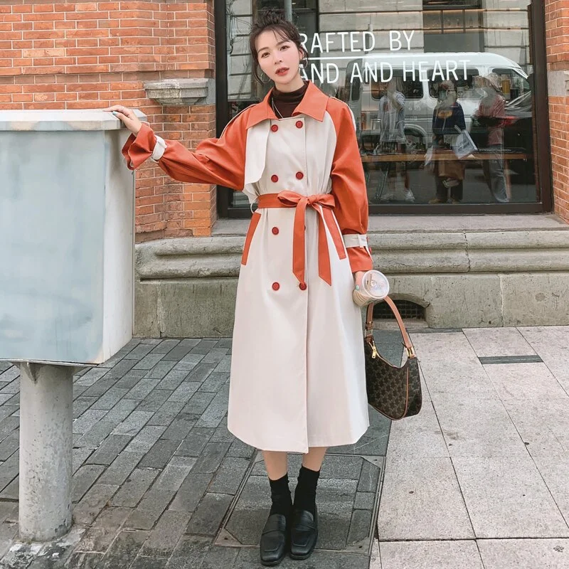 Fashion New Lady Trench Coat Long Double-Breasted with Belt Duster Coat for Women Spring Fall Outerwear Female Clothes Patchwork