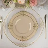 10 Pack | 10" Round Plastic Dinner Plates in Vintage Taupe, Gold Leaf Embossed Baroque Disposable Plates