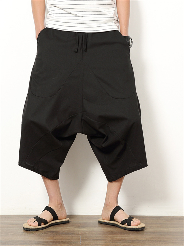 Men's Linen Shorts Summer Shorts Harem Pants Pocket Drawstring Elastic Waist Plain Outdoor Daily Going out Linen / Cotton Blend Fashion Streetwear Black Wine