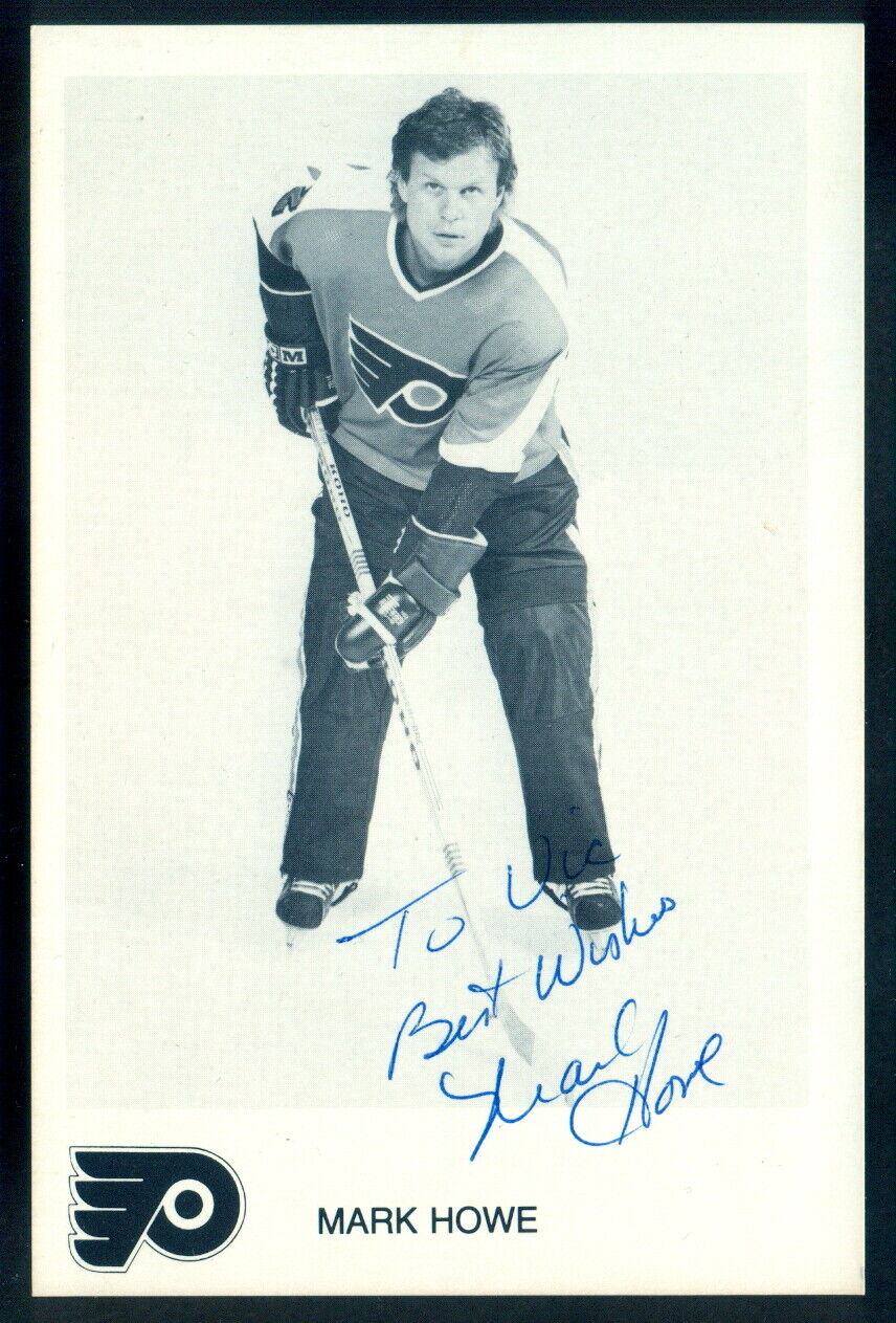 Mark Howe Philadelphia Flyers Signed Autograph on 4x6 Team issue B&W Photo Poster painting Pic