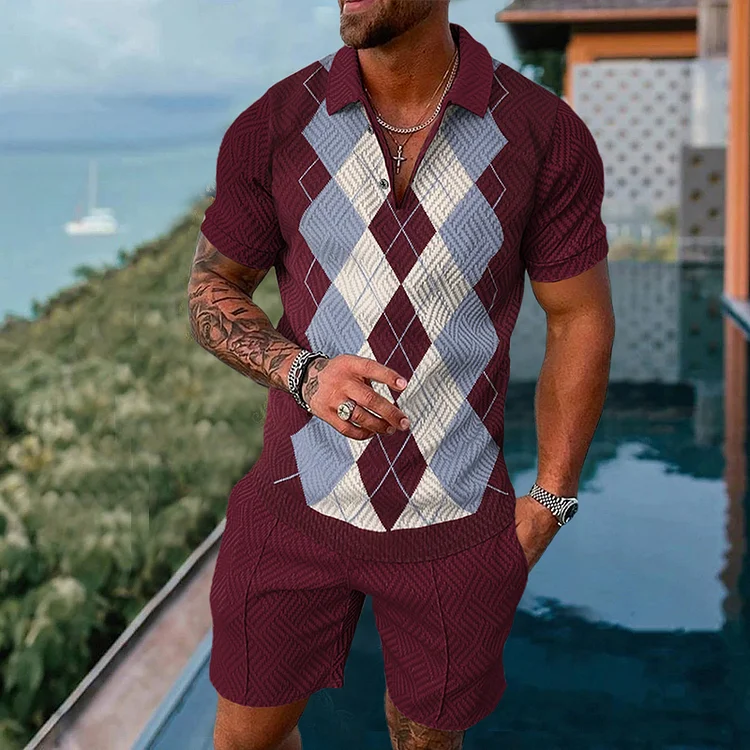 Men's Diamond Print Burgundy Fashion Resort Suit