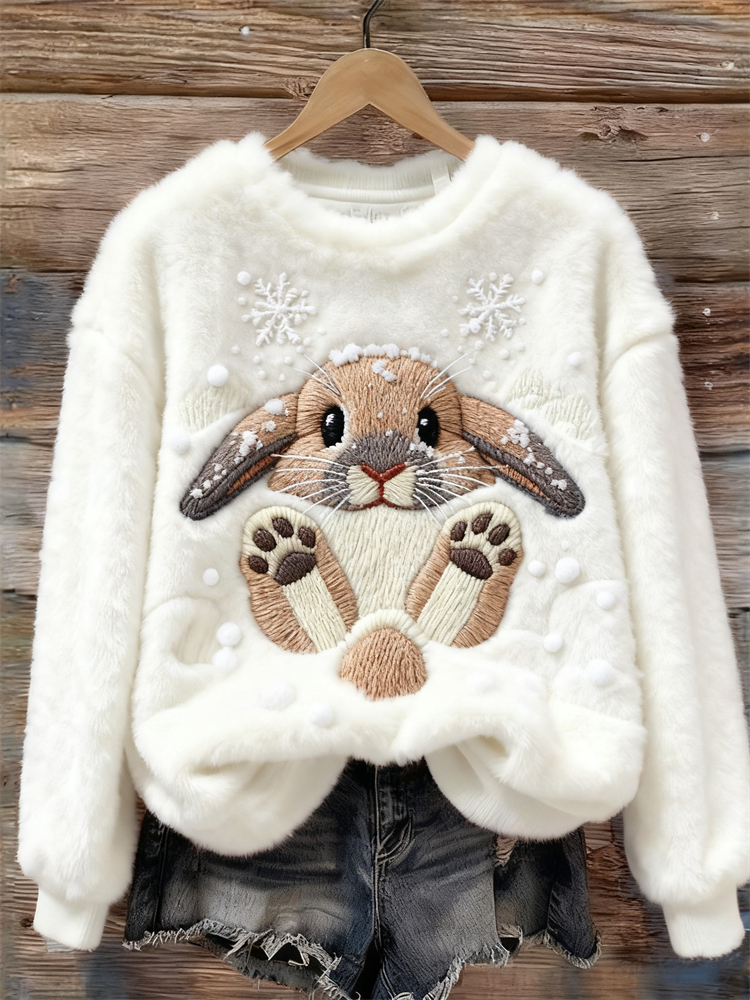 Comstylish Lovely Bunny & Snow Embroidered Cozy Plush Sweatshirt