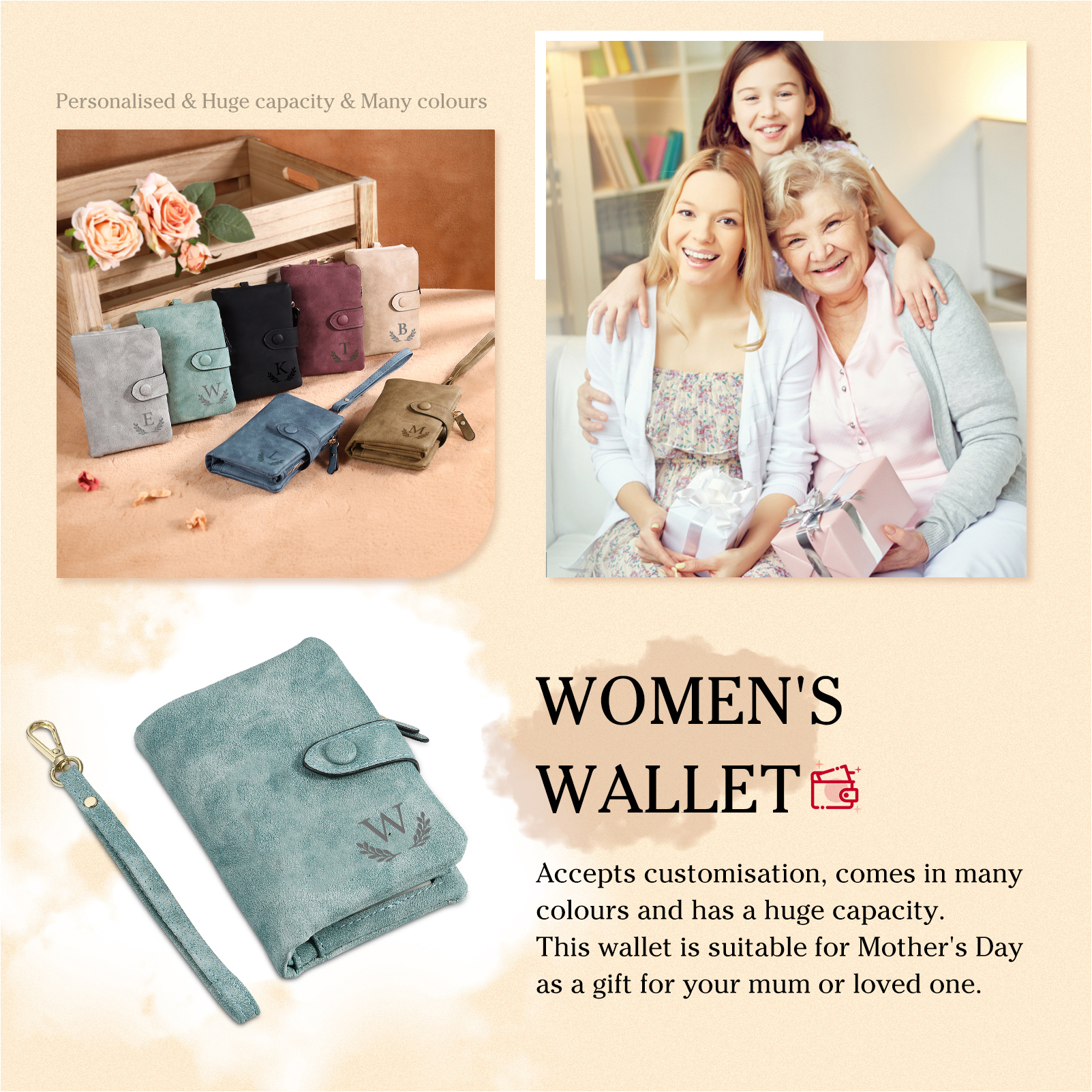 Portafoglio Albero della vita in PU pelle con 3 nomi & 1 testo & 1 lettera personalizzati per donna