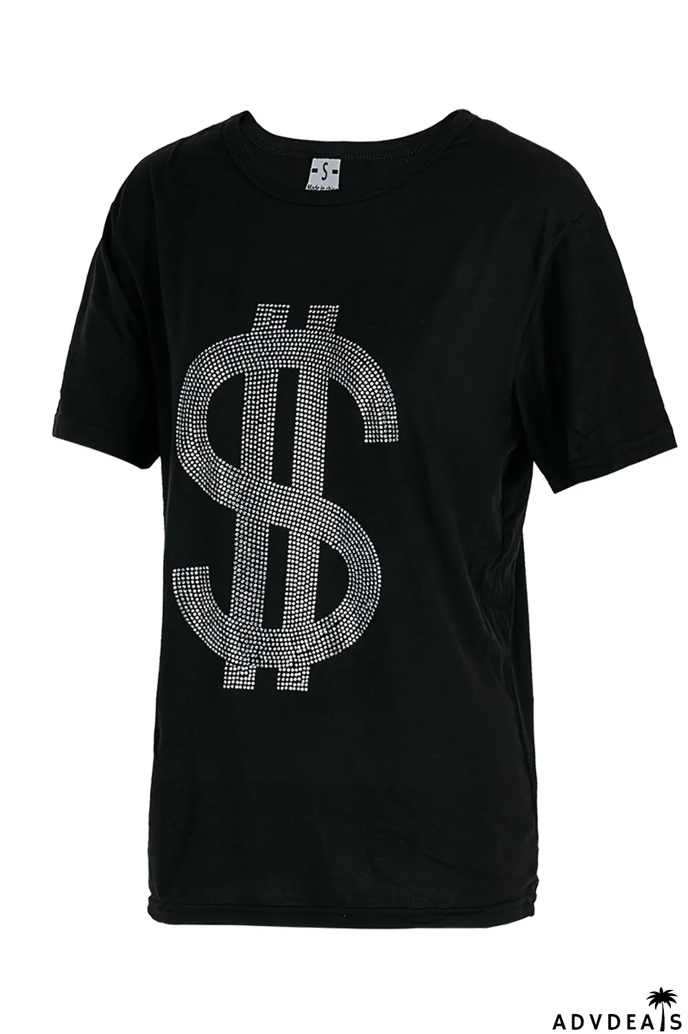 Black Fashion Casual Solid Split Joint Hot Drill O Neck T-Shirts