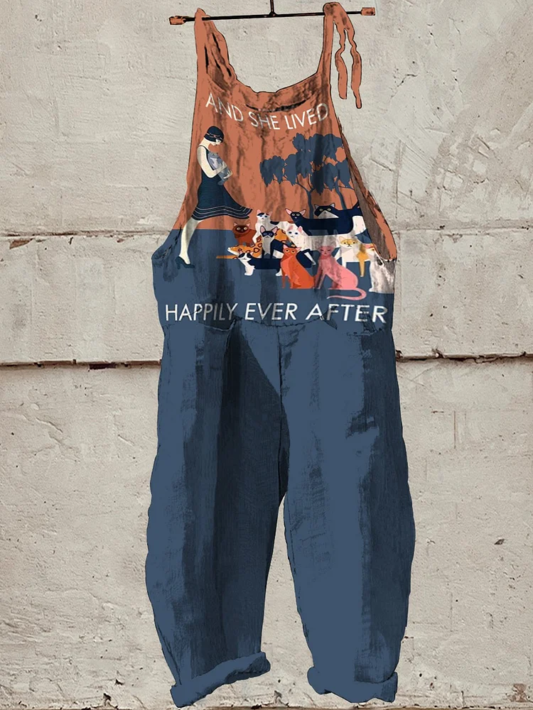 Cat Lady and She Lived Happily Ever After Decorative Pattern Casual 100% Cotton Wide Leg Jumpsuit
