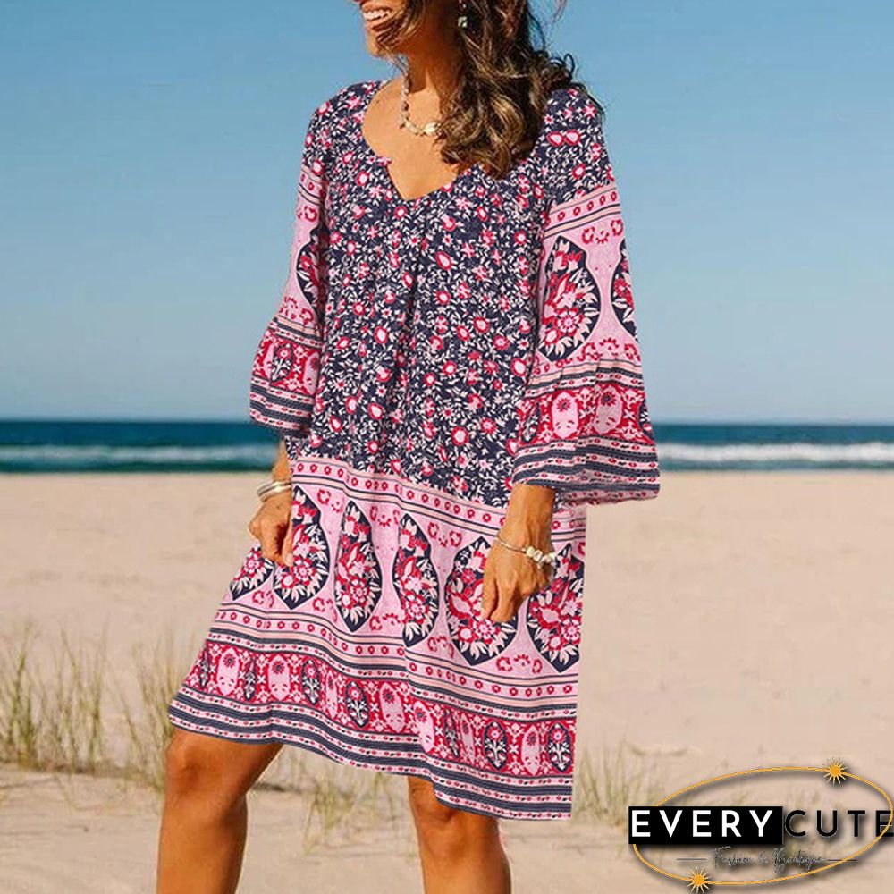 Fashion Women Retro Oversized V-Neck Casual Sundress Floral Printed Baggy Holiday Mini Shirt Dress