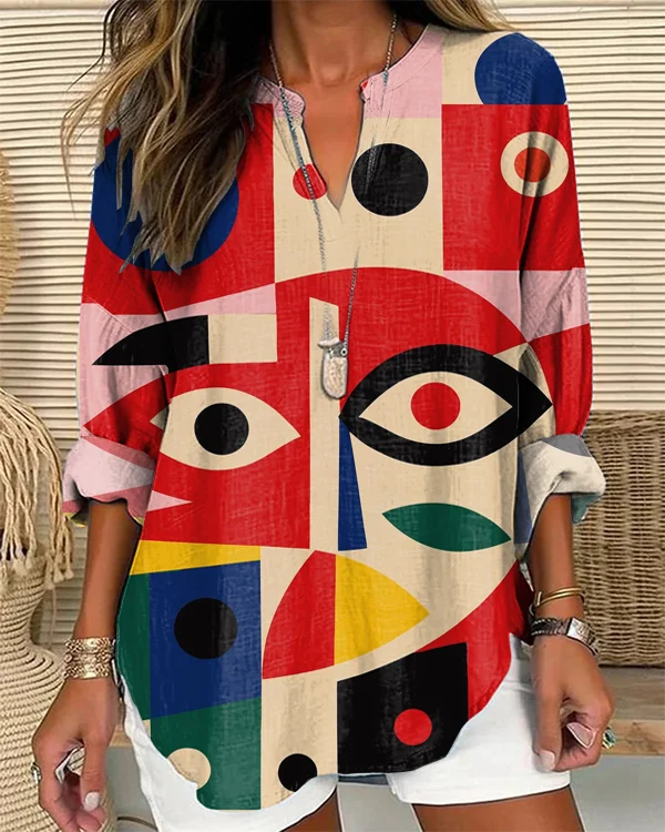 Retro Abstract Face Art Print Long Sleeve V Neck Top
