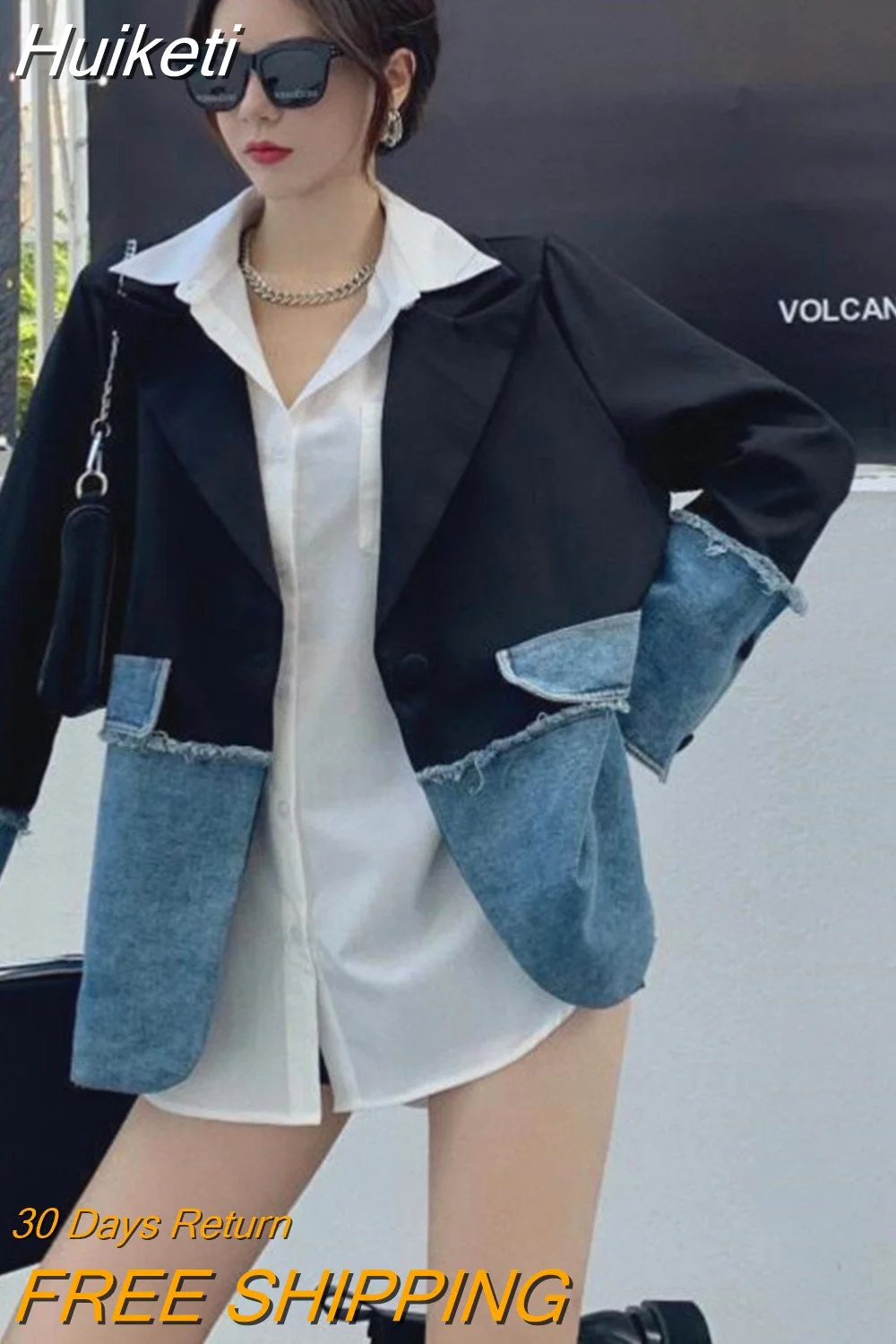 Huiketi Women's Blazers Spring Plaid Denim Splicing Suit Coat Vintage Single Button Long Sleeve Loose Casual Korean Outerwear