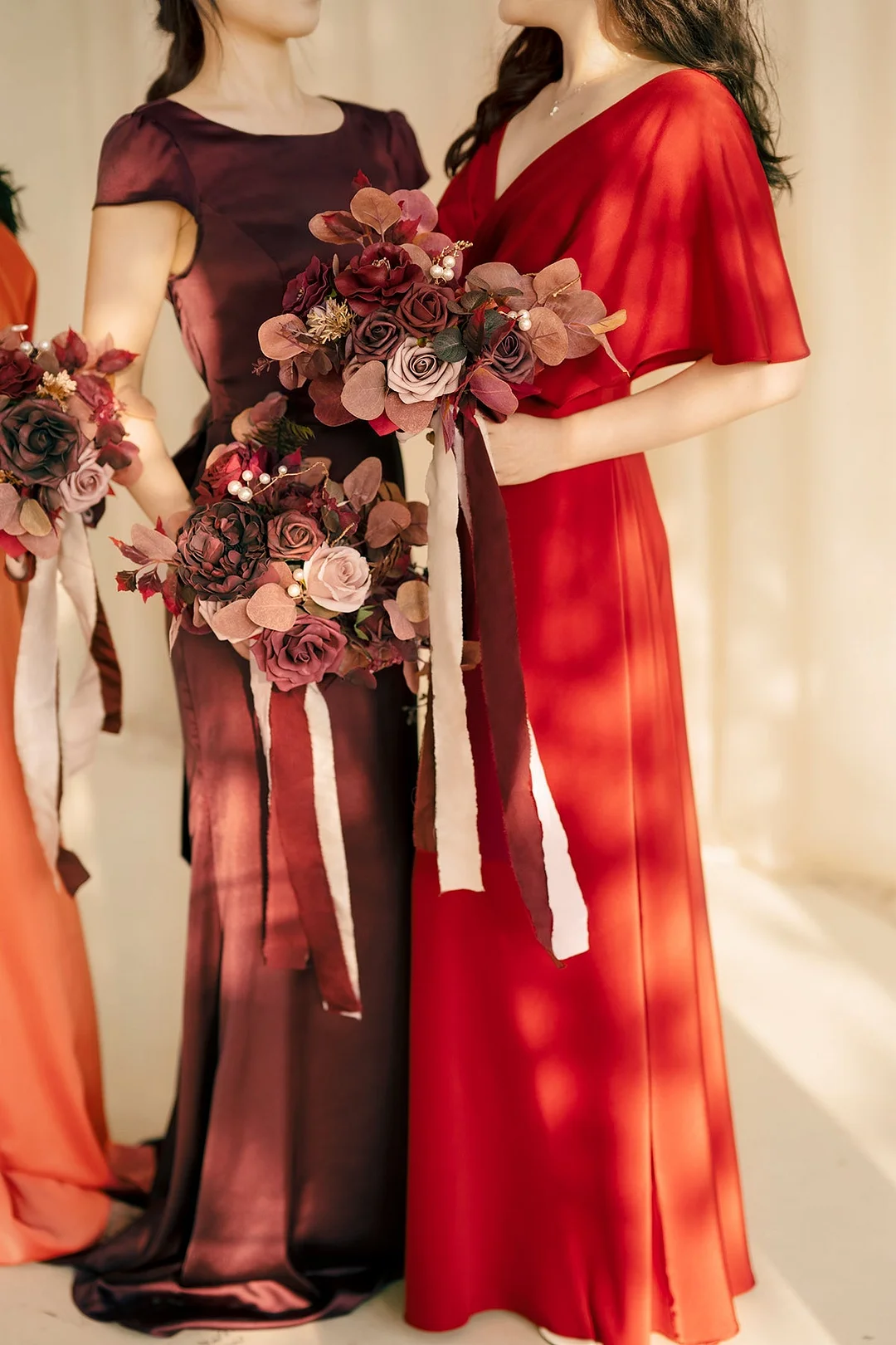 Free-Form Bridesmaid Bouquets in Burgundy & Dusty Rose