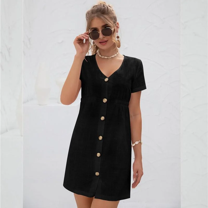 Jangj Short Sleeve V-neck Single Breasted Mini Dress Women Cotton High Waist A-line Office Lady Dress Summer Ladies Dresses Robe