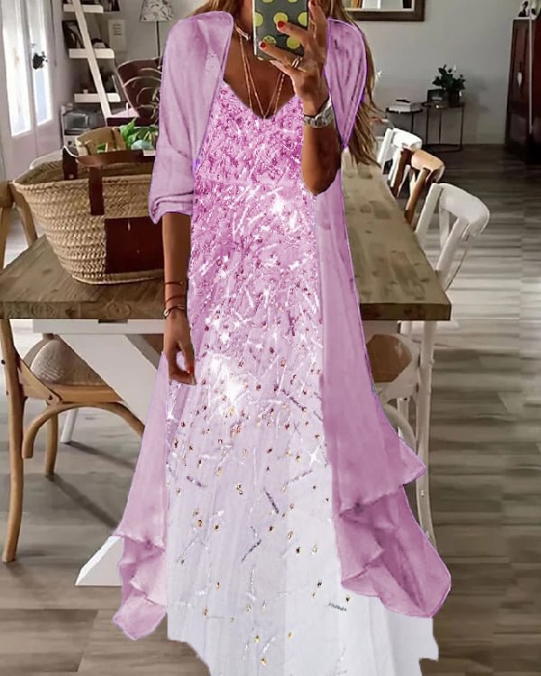 Fake Two Piece Casual V-neck Printed Maxi Dress S-5XL