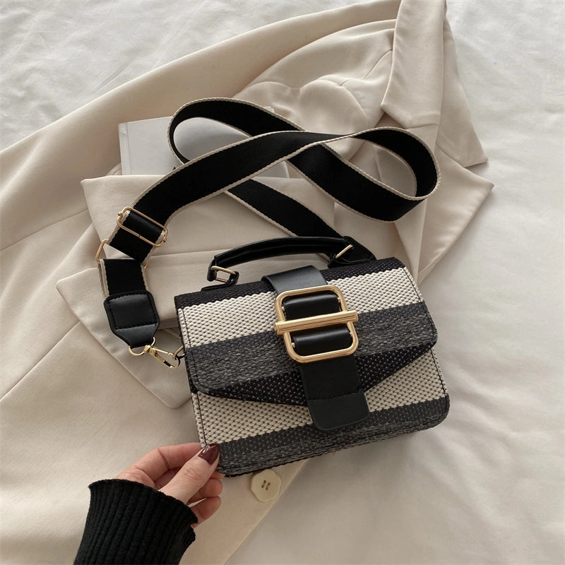 Women’s Pu Leather Stripe Classic Style Sewing Thread Square Magnetic Buckle Flip Cover Crossbody Bag