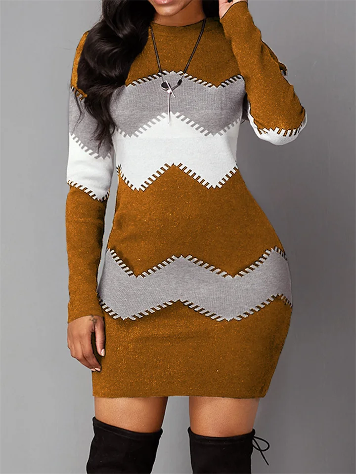 Women's Long Skirt Round Neck Long Sleeve Knitted Bag Hip Bottoming Dress Women