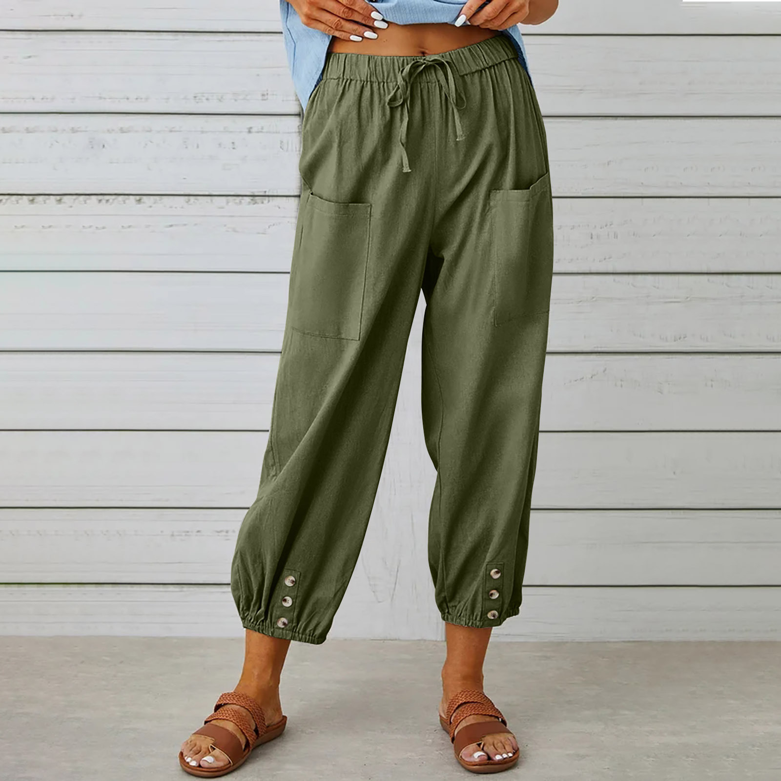 Mature Women Drawstring Tie Pants Spring Summer Cotton And Linen Trousers With Pockets Button