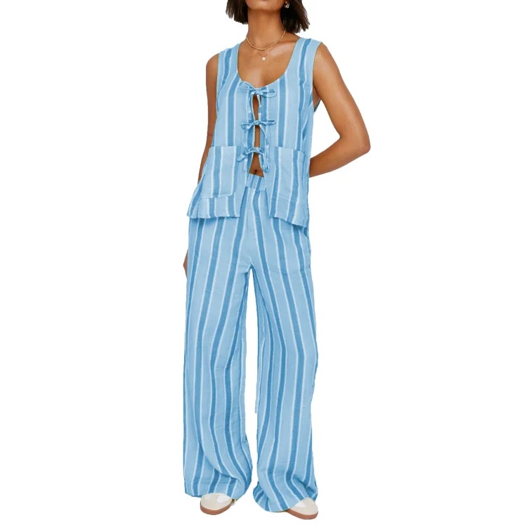 Shuantuo fall outfits women Women s 2 Piece Casual Outfits Sleeveless U Neck Striped Tank Tops Wide Leg Pants Sets