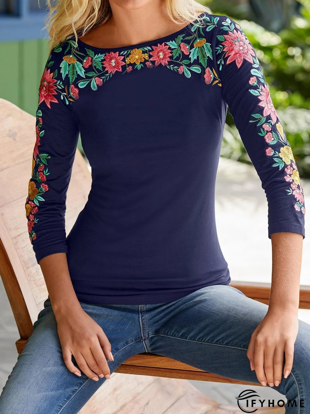 Vintage Floral 3/4 Sleeve Crew Neck Casual Top | IFYHOME