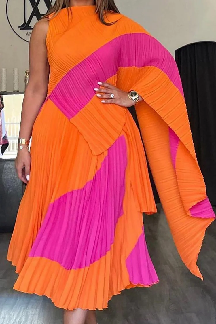 Plus Size Cocktail Party Skirt Sets Elegant Orange Colorblock Fall Winter Crew Neck One Shoulder Pleated Chiffon Two Piece Skirt Sets [Pre-Order]