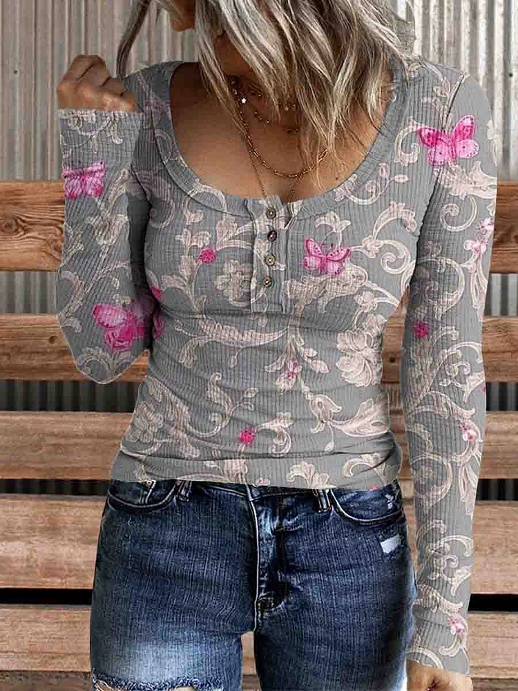 Women's Vintage Floral Print Casual Long Sleeve Comfortable Cotton Henley Top