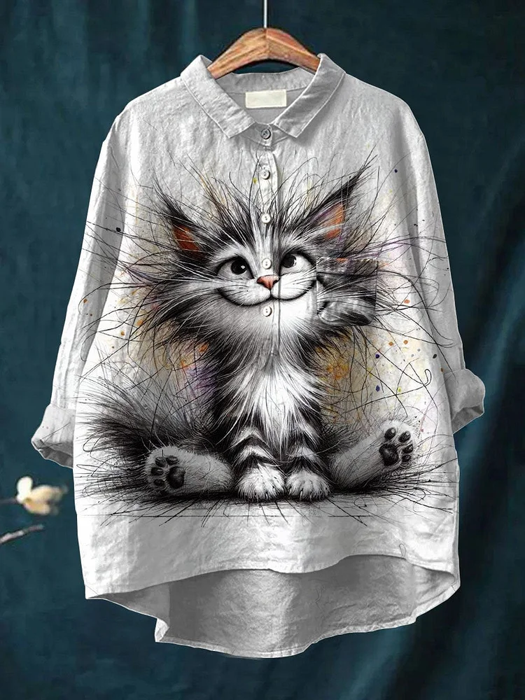 Womens  Cat Print Casual Cotton And Linen Shirt