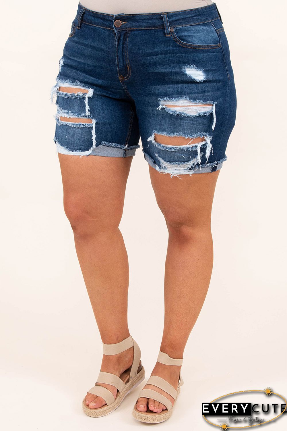 Blue Plus Size Rolled Hem Distressed Denim Shorts