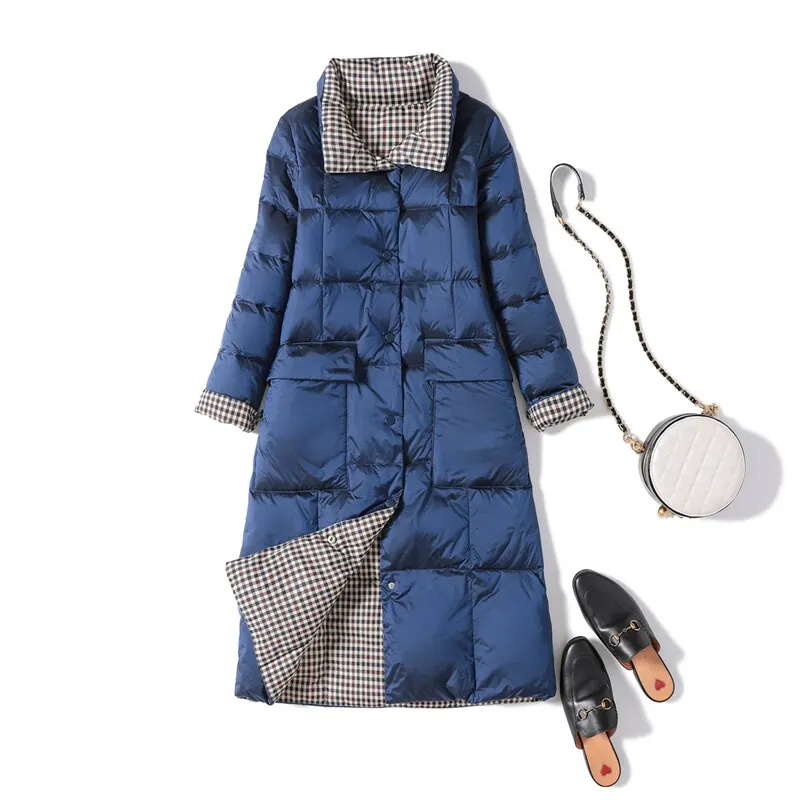FTLZZ New Autumn Winter Women Double Sided Ultra Light Long Down Coat 90% White Duck Down Parkas Warm Snow Plaid Outwear