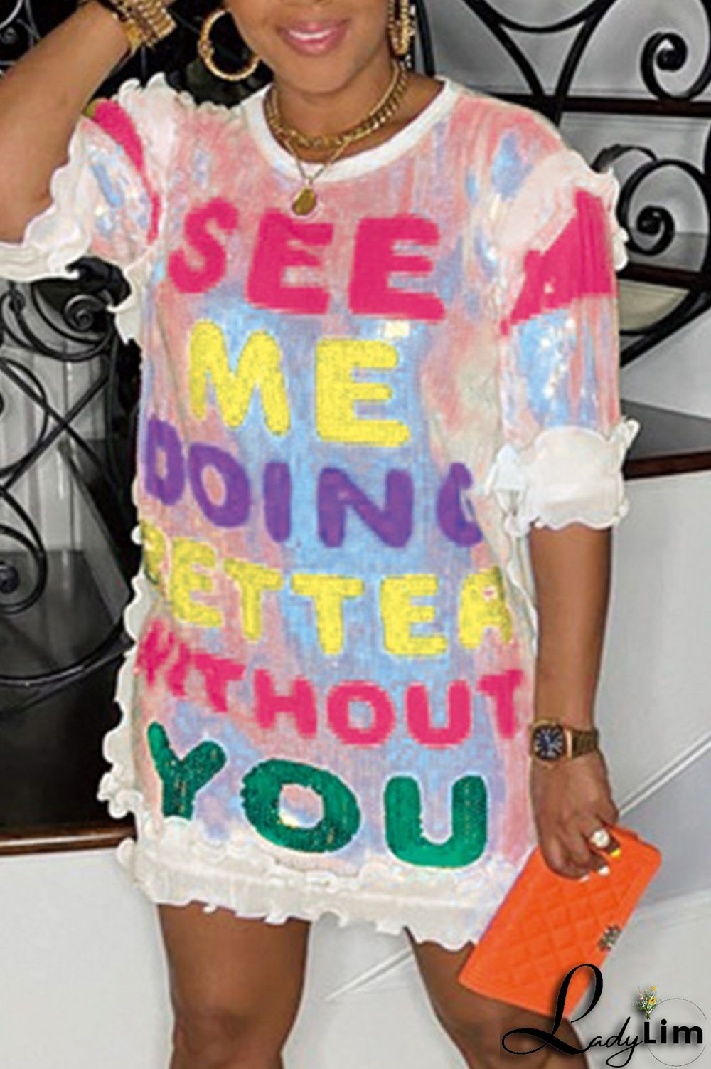 Black Fashion Casual Letter Print Sequins Patchwork O Neck Dresses