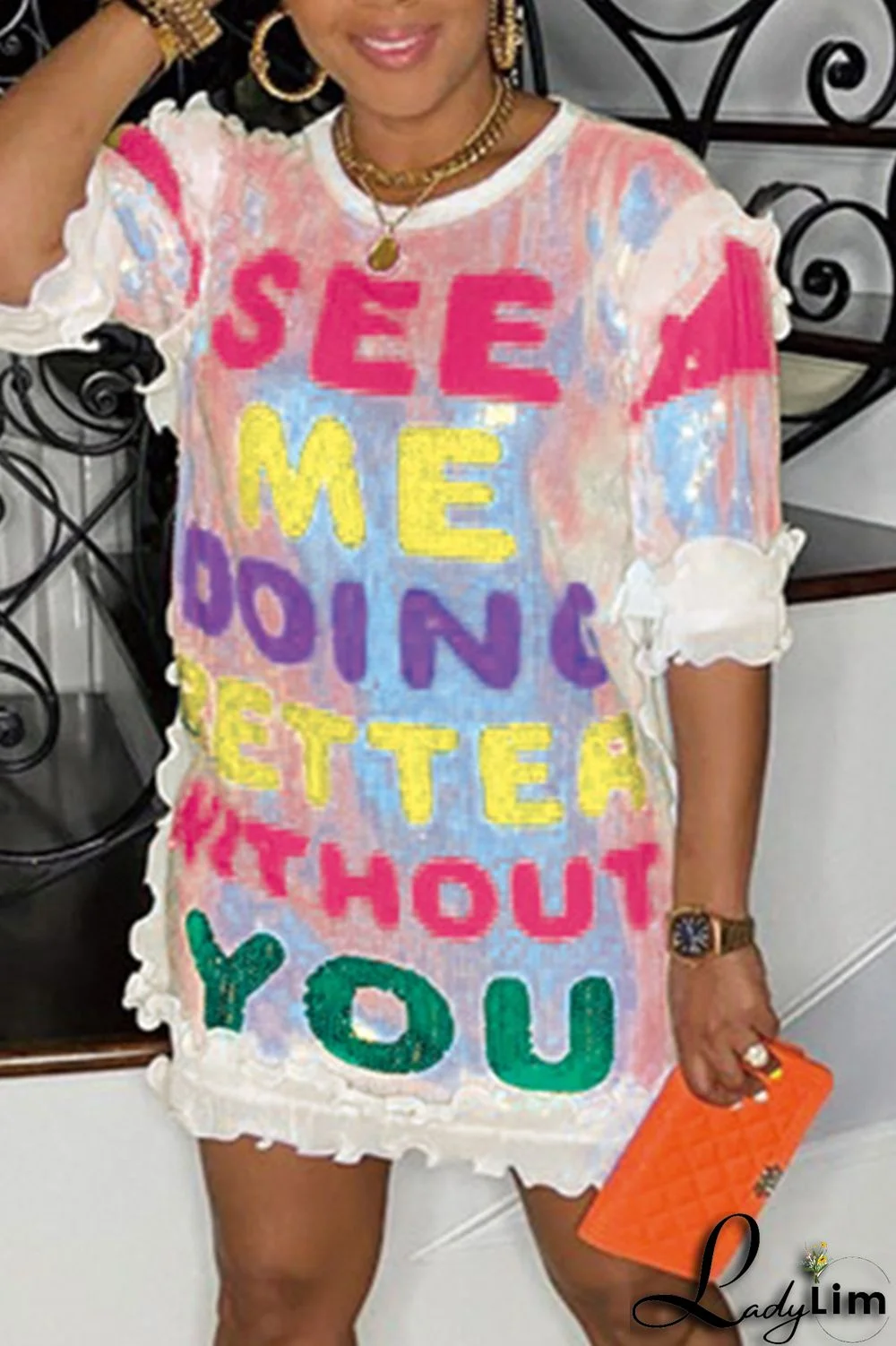 Black Fashion Casual Letter Print Sequins Patchwork O Neck Dresses