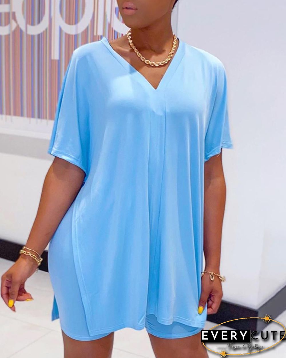 Batwing Sleeve Slit Top & High Waist Shorts Set P10161