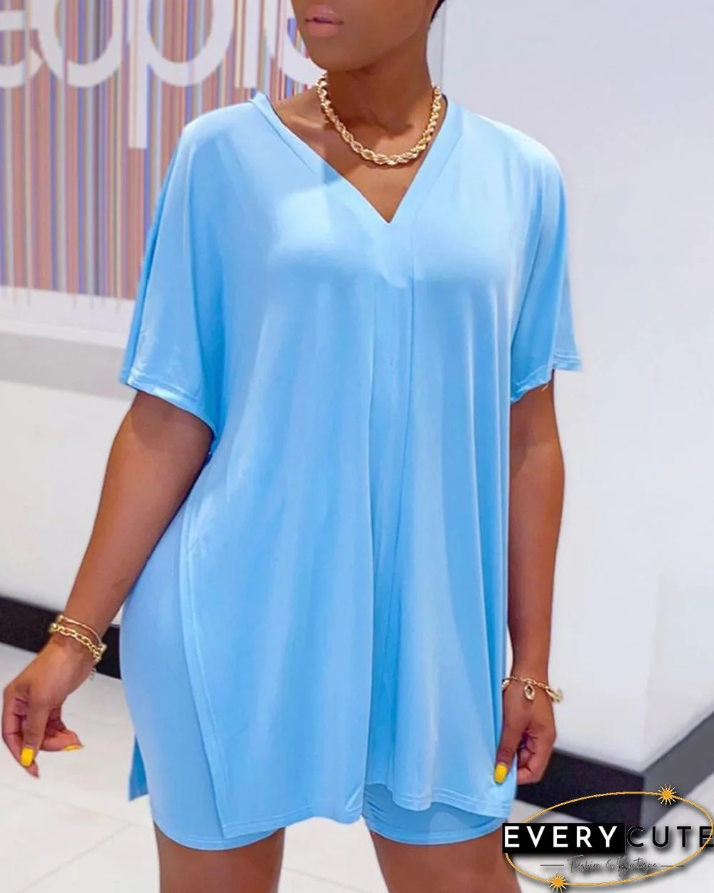 Batwing Sleeve Slit Top & High Waist Shorts Set P10161