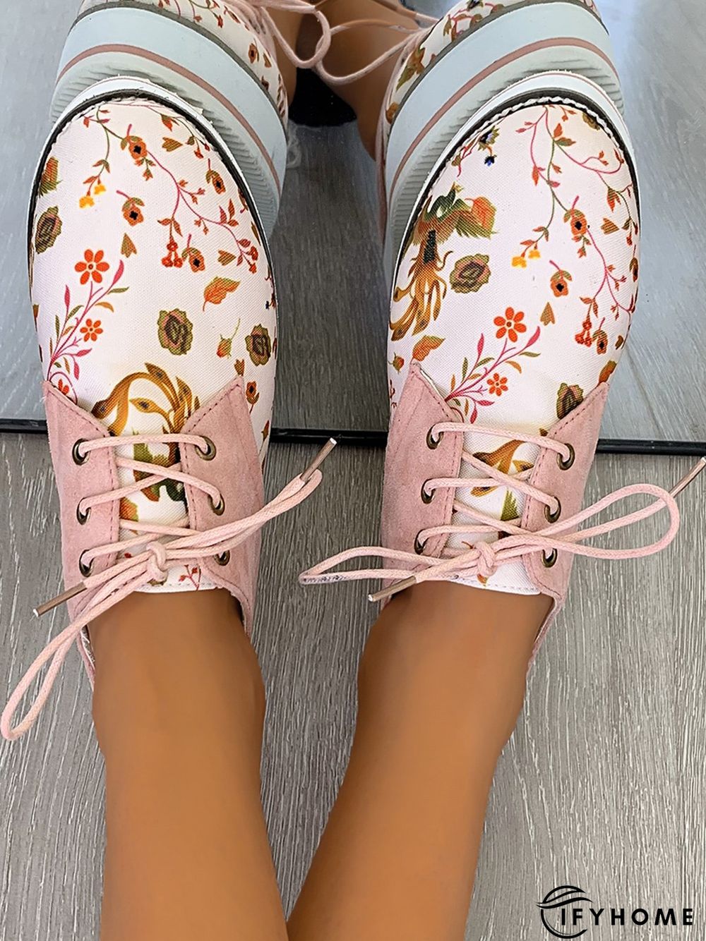 Floral Printed Patchwork Lace Up Shoes | IFYHOME