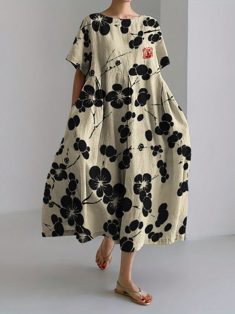 Cherry Blossom Japanese Lino Art Linen Blend Maxi Dress