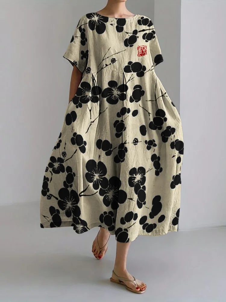 Cherry Blossom Japanese Lino Art Linen Blend Maxi Dress