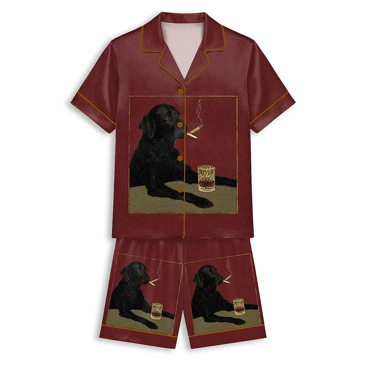 black dog cigarette Tokyo-Mood Smoking Cool Black Dog With Cigarette And Whiskey Unisex Short  Sleeve Satin Pajama Set