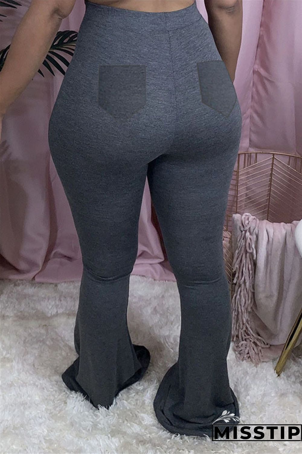 Dark Gray Elastic Fly Mid Solid Boot Cut Pants Bottoms