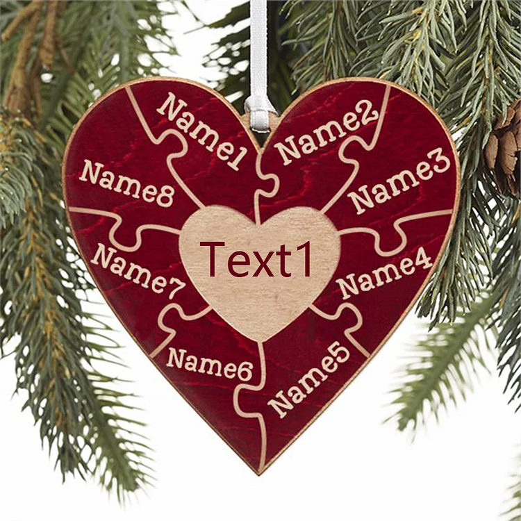 Heart Puzzle Ornament Personalized 8 Names Wooden Family Ornament