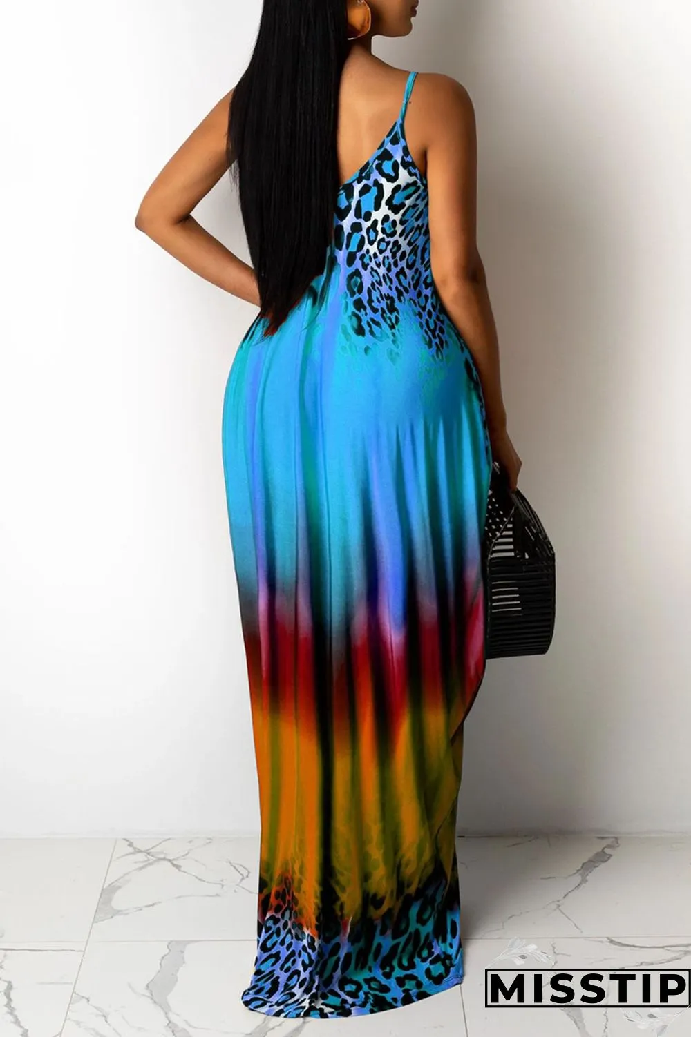Blue Sexy Casual Print Backless V Neck Sling Loose Dress