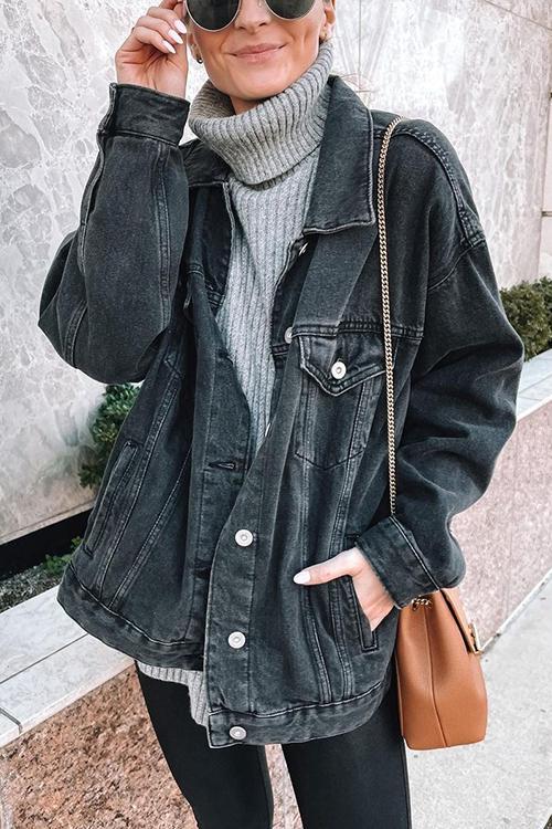 Abebey Pockets Button Denim Jackets Vintage and nostalgic denim jacket, autumn loose and versatile trendy casual jacket