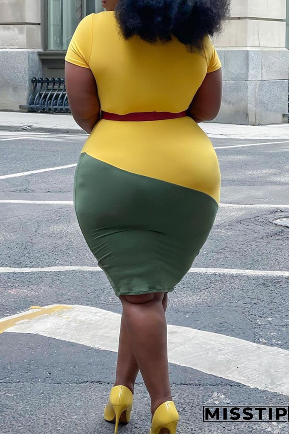 Black Green Fashion Casual Plus Size Patchwork Without Belt O Neck Short Sleeve Dress