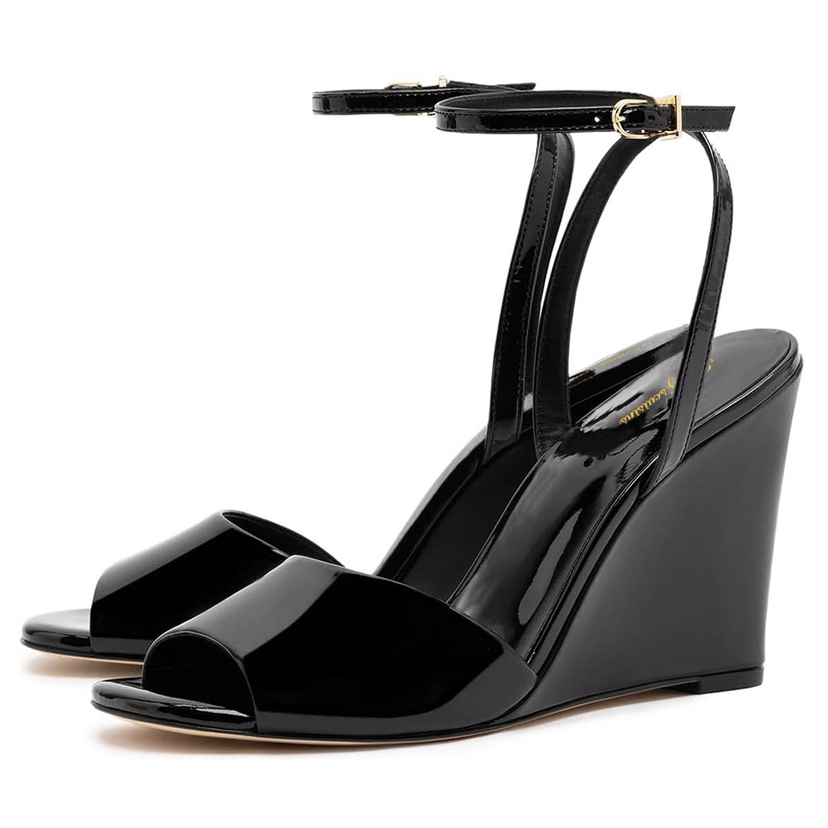 Open Toe Wide Strap Buckle Wedge High Heel Black Women Sandals Nicepairs