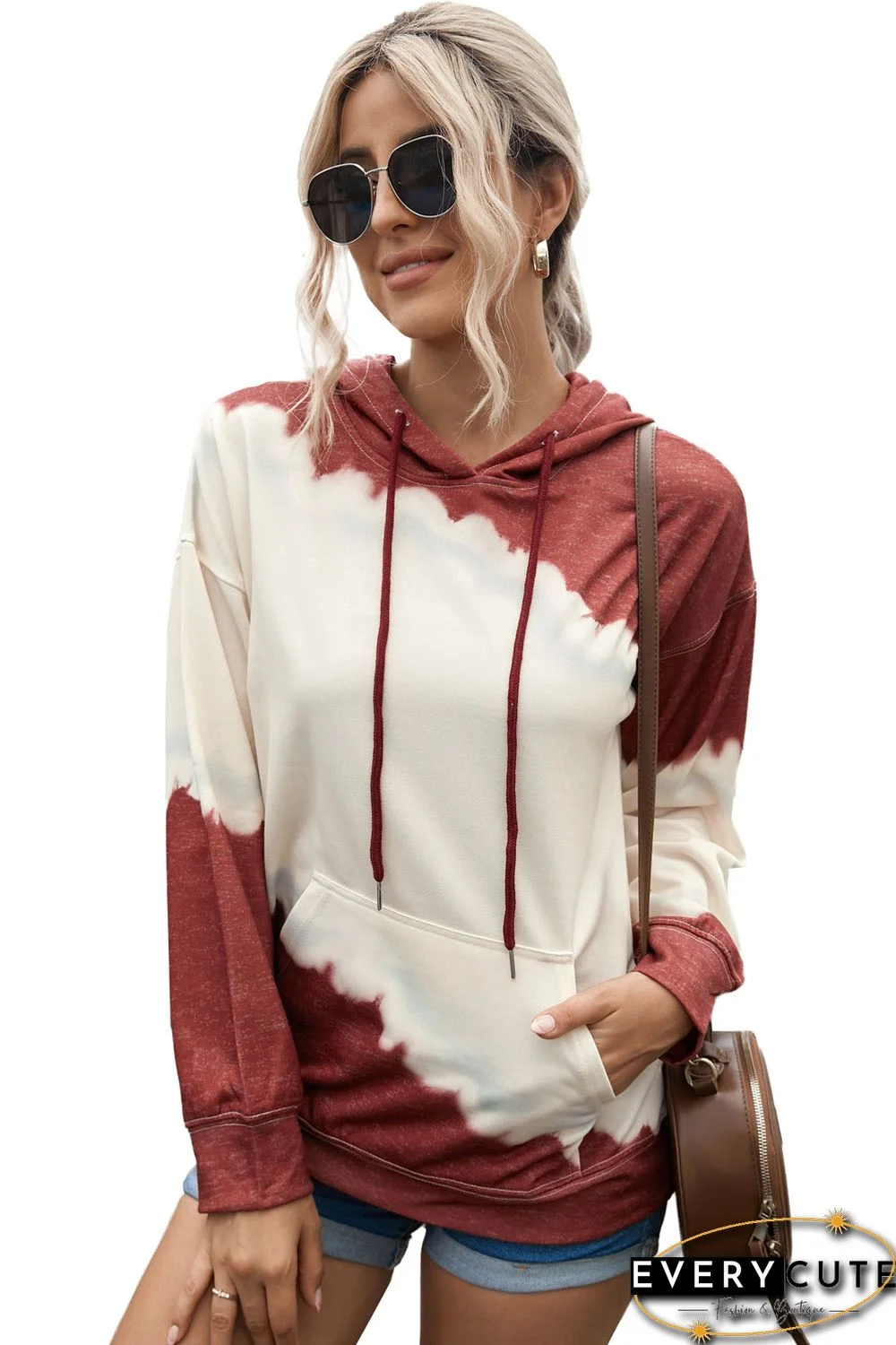 Wine Hooded Tie Dye Print Pocket Casual Sweatshirt