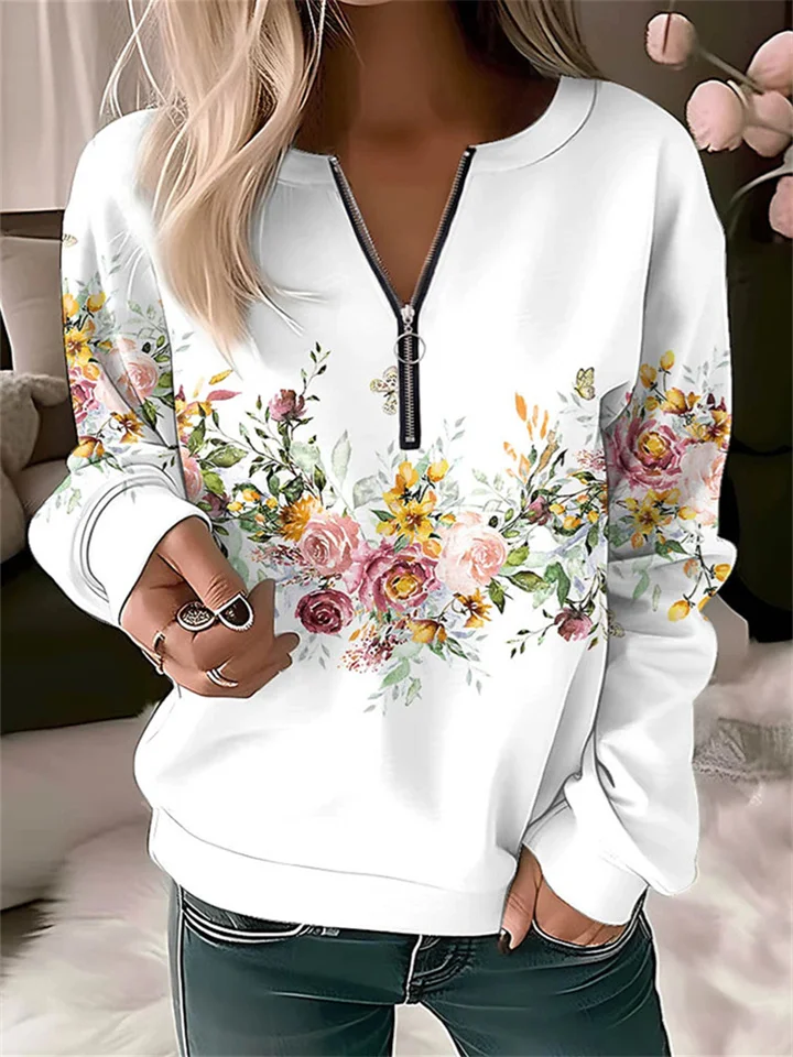 New Women's Explosion Botanical Floral Print V-neck Long Sleeve Pullover Loose Type Comfortable Casual Sweatshirt-Cosfine