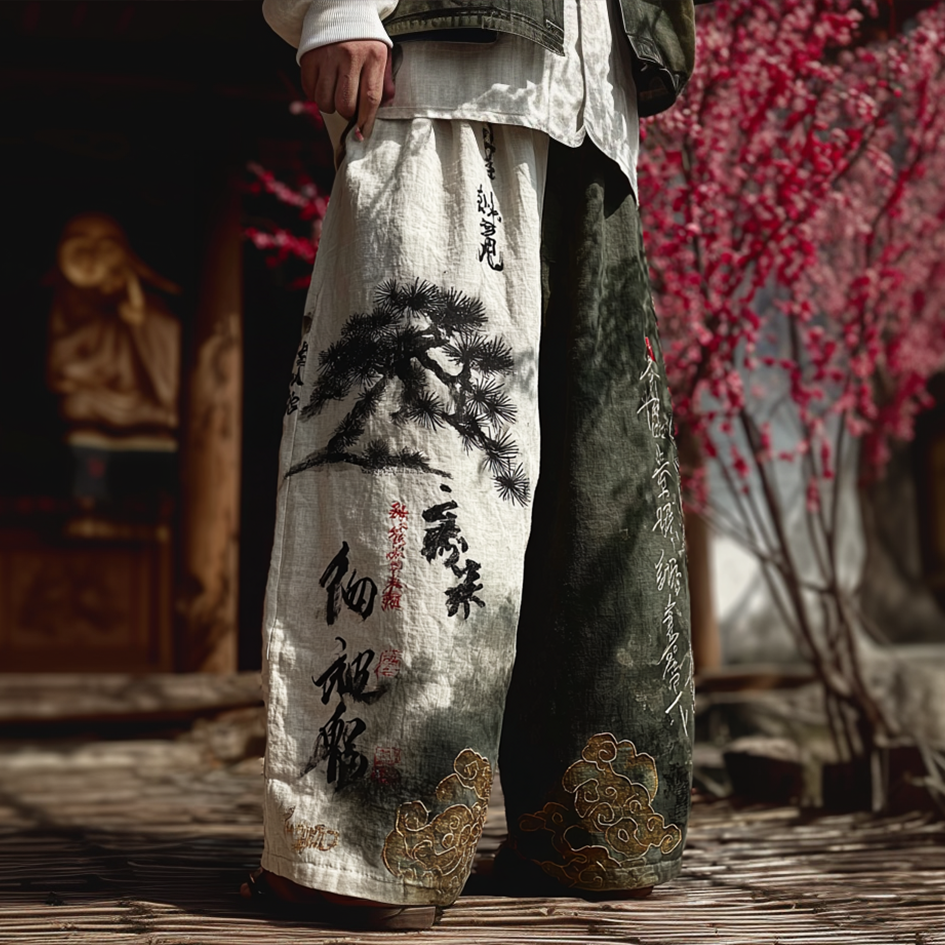 Japanese Art Retro Ink Painting Pattern Design Men's Casual Linen Long Pants elevenforest