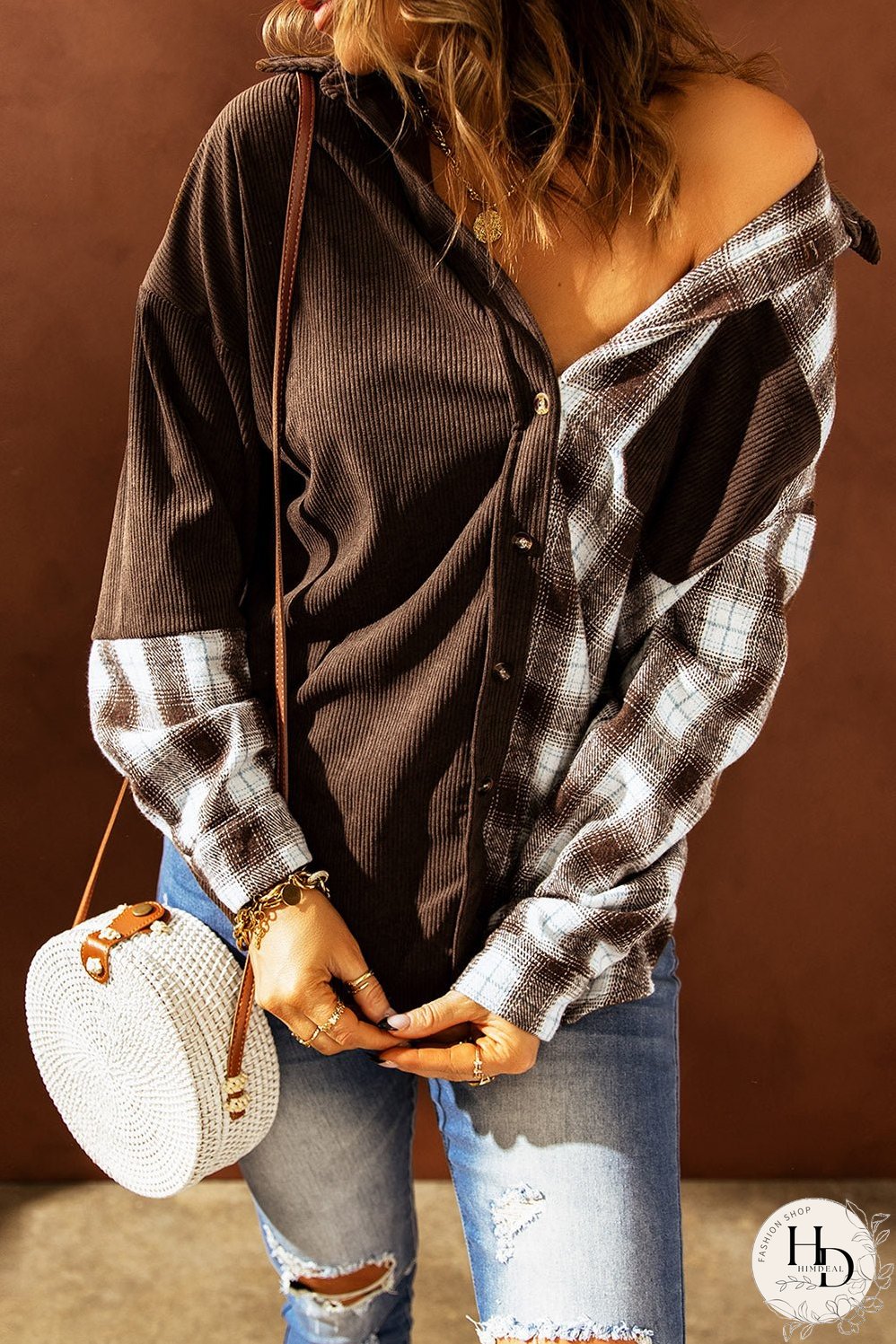 Double Take Plaid Color Block Dropped Shoulder Corduroy Shacket