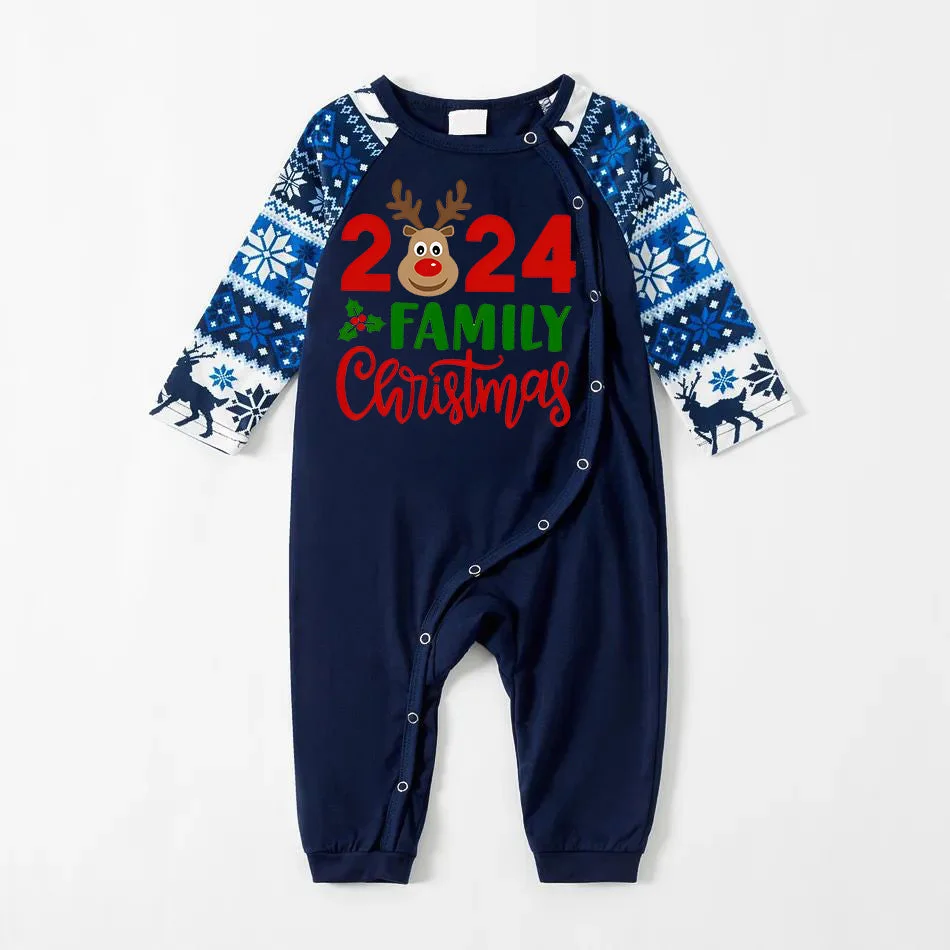 "2024 Family Chriatmas" Moose Letter Prints Blue Long Sleeve Family Matching Pajamas With Dog bandana