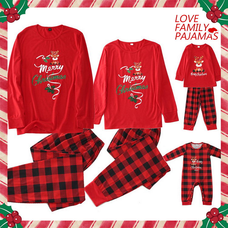 Merry Christmas Cute Reindeer Print Red Black Plaid Family Pajamas Set