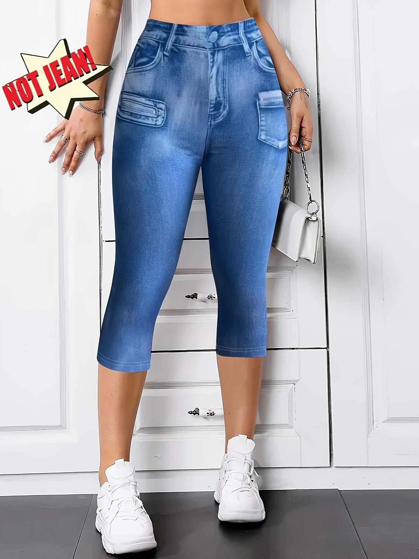Women's High-Waisted Stretchy Imitation Denim Capri Leggings - Summer Casual Tight-Fit Pants With Digital Print, Machine Washable & Non-See-Through Fabric, High Waisted Leggings, Comfortable Daily Wear | IFYHOME