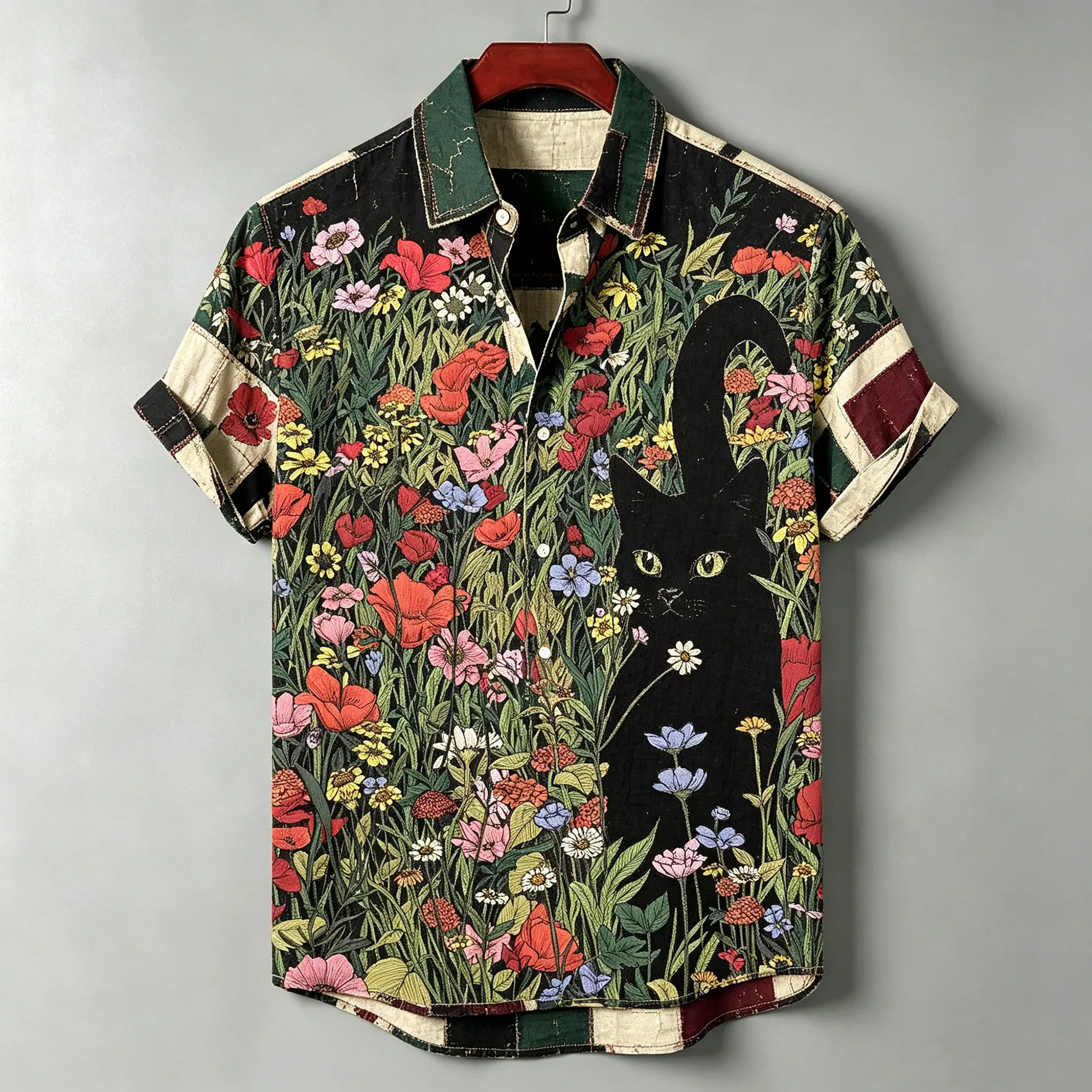 Men's Dark Retro Wildflower Black Cat Print Patchwork Short Sleeve Button Up Shirt  artssus