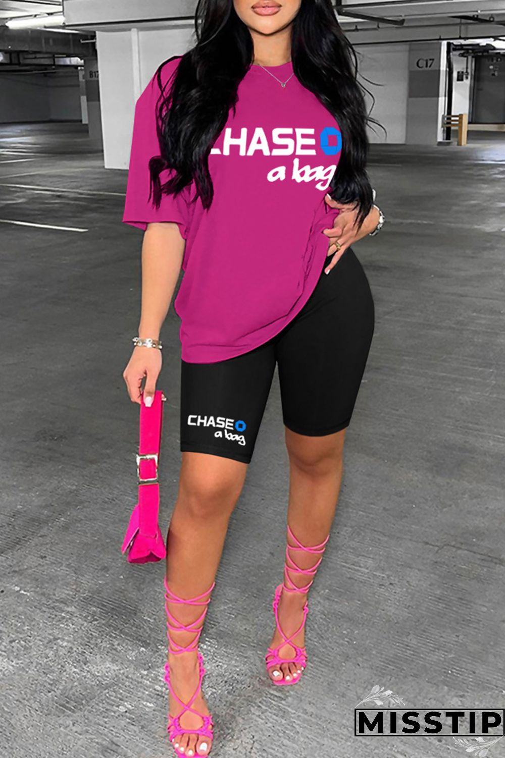 Ginger Casual Letter Print Basic O Neck Short Sleeve Two Pieces