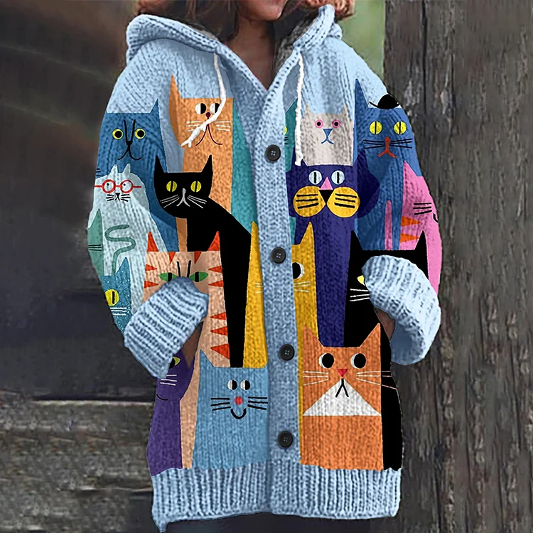 Colorful Cartoon Cat Pattern Cozy Hooded Knit Sweater