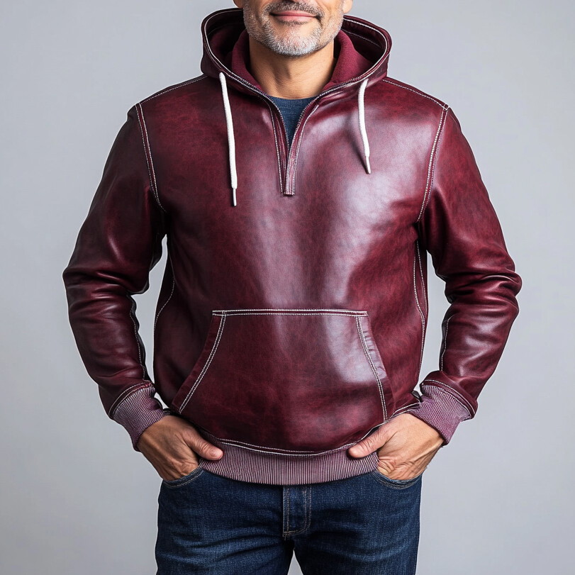 Men's Casual PU Leather Pocket Drawstring Split Neck Hoodie